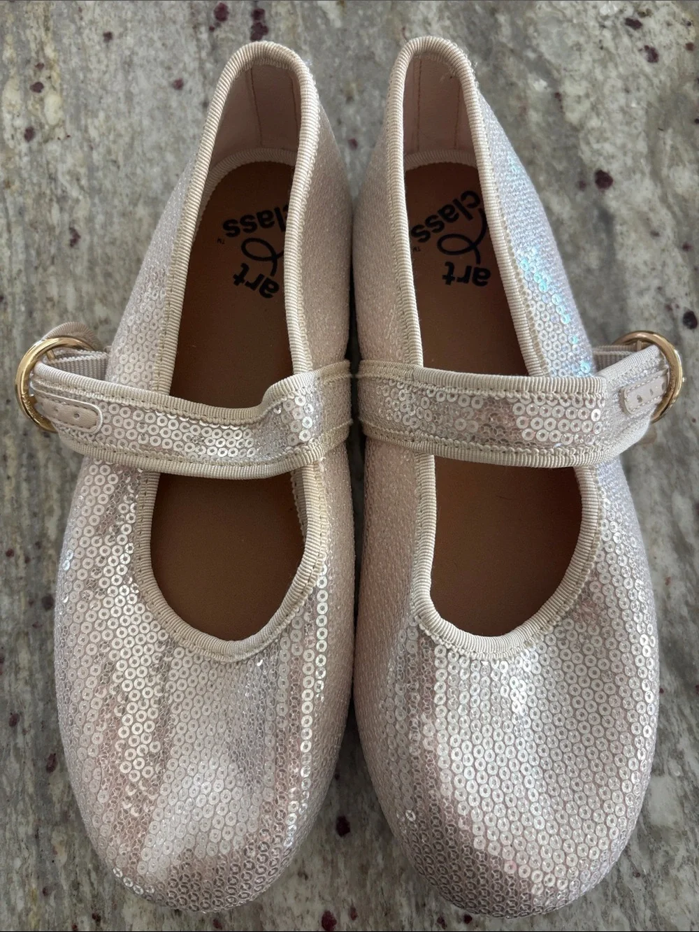 art class Pink Sequin Mary Jane Flats with Gold Buckles